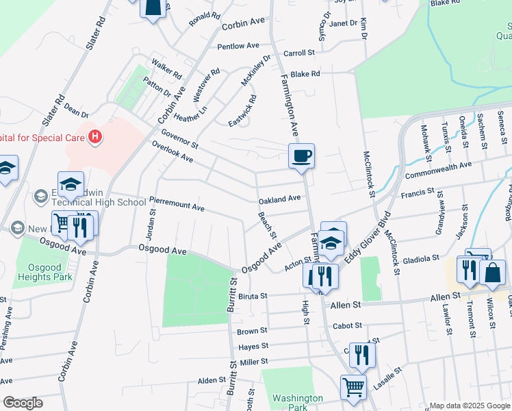 map of restaurants, bars, coffee shops, grocery stores, and more near 74 Beach Street in New Britain