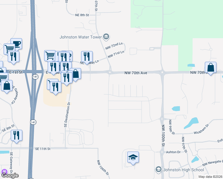 map of restaurants, bars, coffee shops, grocery stores, and more near 6828 Northwest 106th Street in Johnston