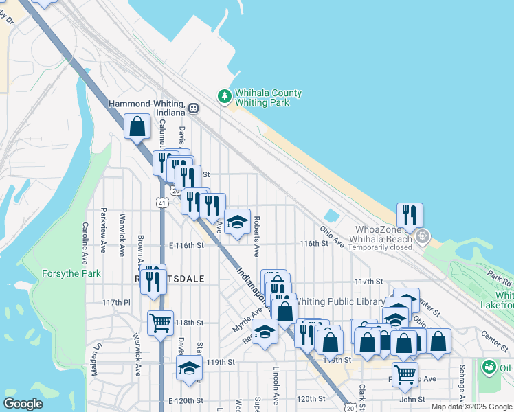map of restaurants, bars, coffee shops, grocery stores, and more near 1030 East 115th Street in Whiting
