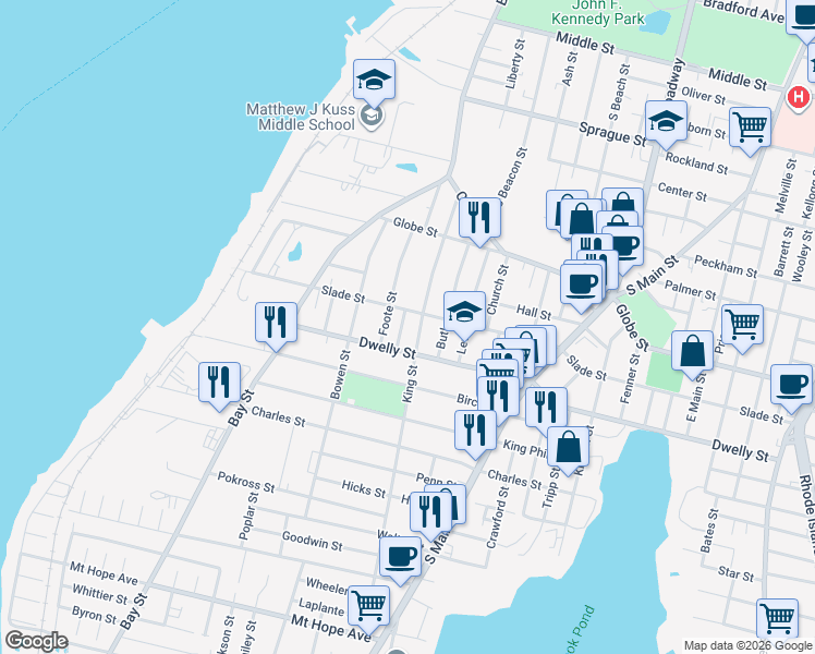 map of restaurants, bars, coffee shops, grocery stores, and more near 20 Fern Street in Fall River