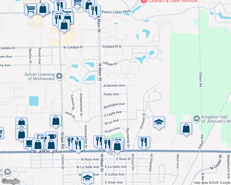 map of restaurants, bars, coffee shops, grocery stores, and more near 208 Palau Avenue in Mishawaka