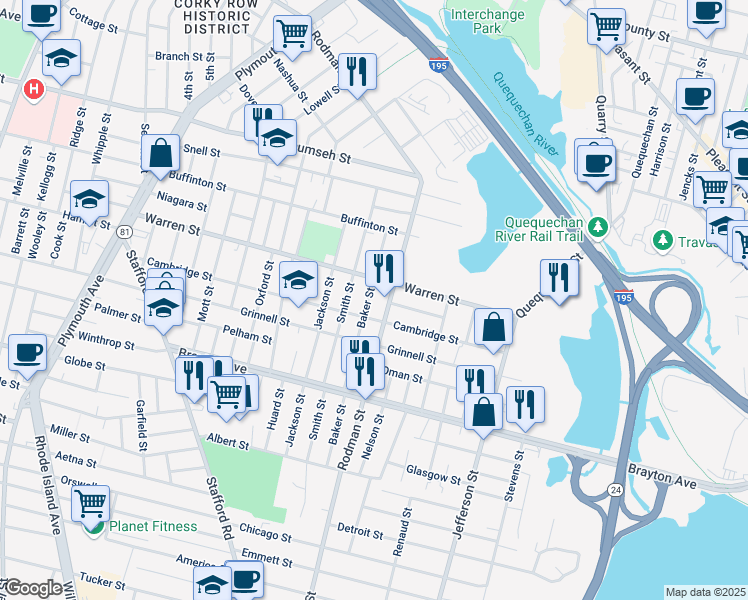 map of restaurants, bars, coffee shops, grocery stores, and more near 164 Baker St in Fall River