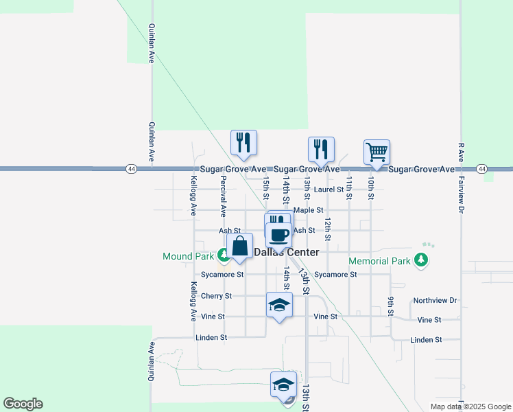 map of restaurants, bars, coffee shops, grocery stores, and more near 1503 Maple Street in Dallas Center