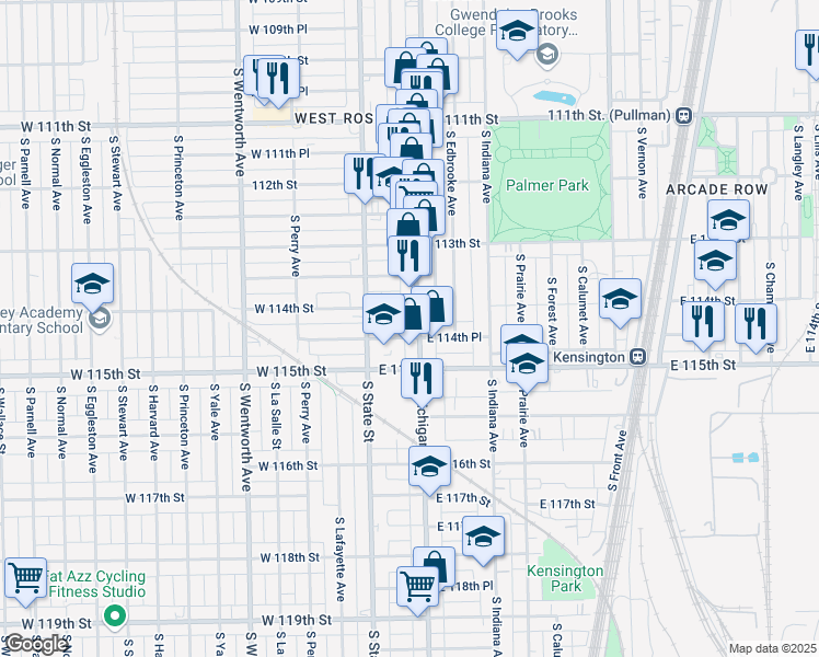 map of restaurants, bars, coffee shops, grocery stores, and more near 11416 S Michigan Ave in Chicago