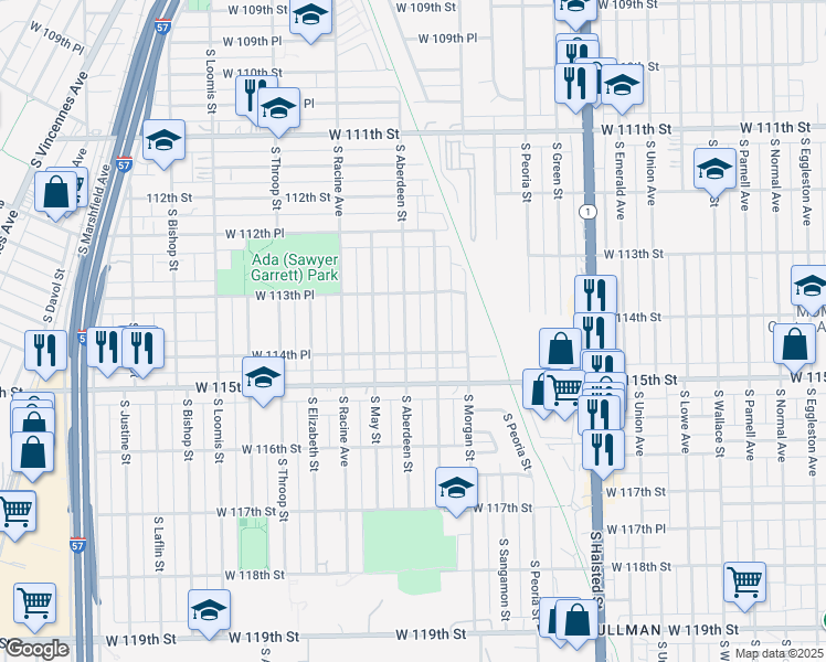 map of restaurants, bars, coffee shops, grocery stores, and more near 11407 South Aberdeen Street in Chicago