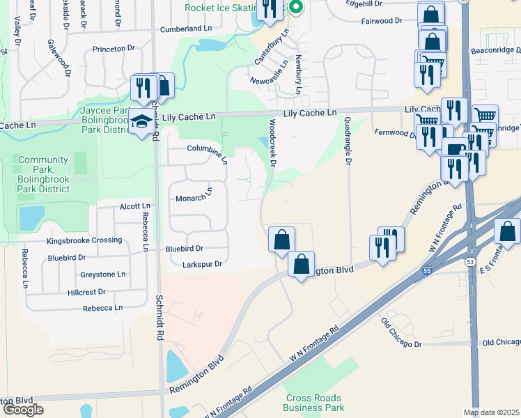map of restaurants, bars, coffee shops, grocery stores, and more near 339 Woodcreek Drive in Bolingbrook