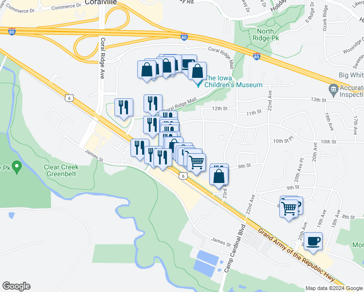 map of restaurants, bars, coffee shops, grocery stores, and more near Boston Way in Coralville