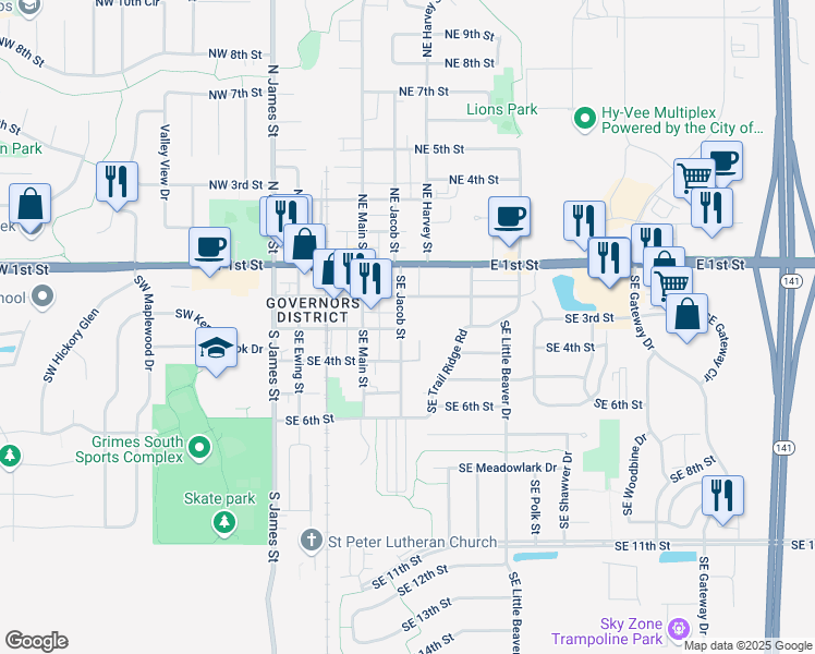map of restaurants, bars, coffee shops, grocery stores, and more near 217 Southeast Jacob Street in Grimes