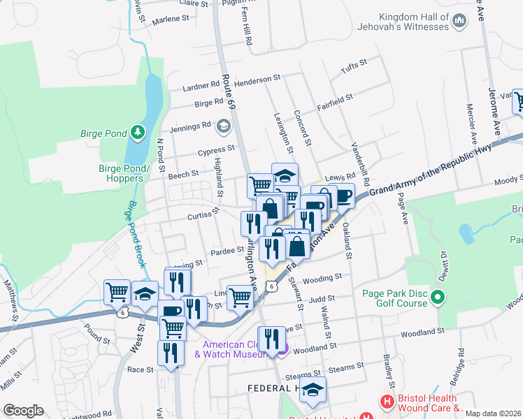 map of restaurants, bars, coffee shops, grocery stores, and more near 152 Burlington Avenue in Bristol