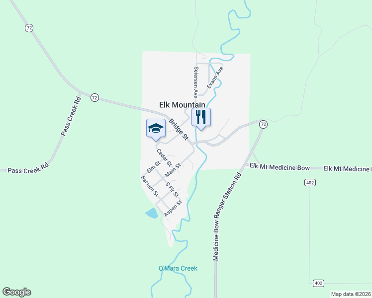 map of restaurants, bars, coffee shops, grocery stores, and more near 104 Bridge Street in Elk Mountain