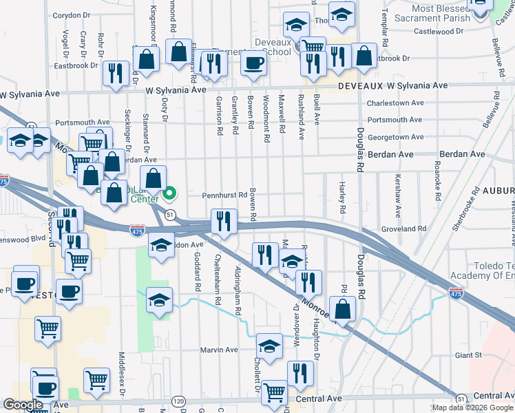map of restaurants, bars, coffee shops, grocery stores, and more near 3642 Bowen Road in Toledo