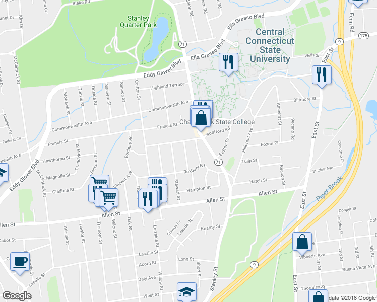 map of restaurants, bars, coffee shops, grocery stores, and more near 41 North Wellington Street in New Britain