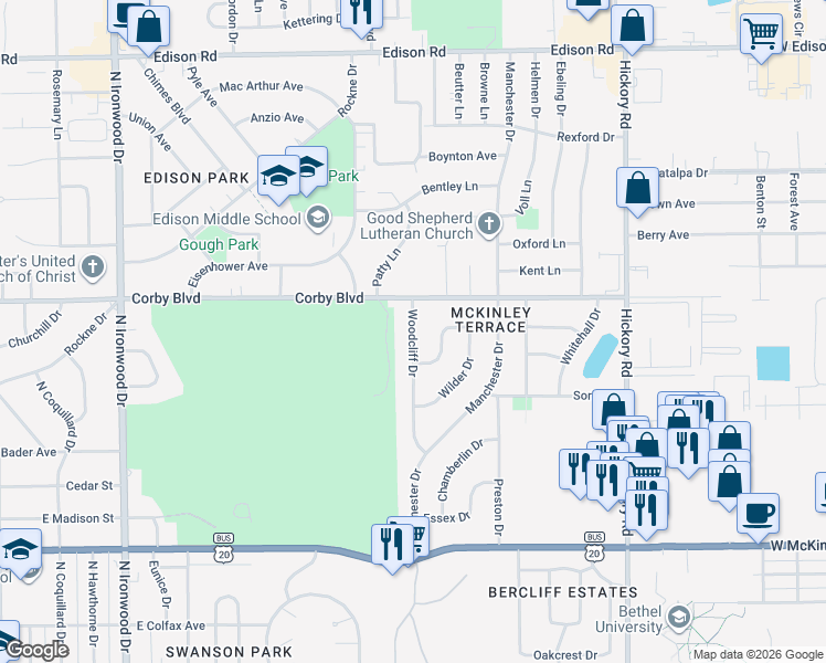 map of restaurants, bars, coffee shops, grocery stores, and more near 815 Woodcliff Drive in South Bend