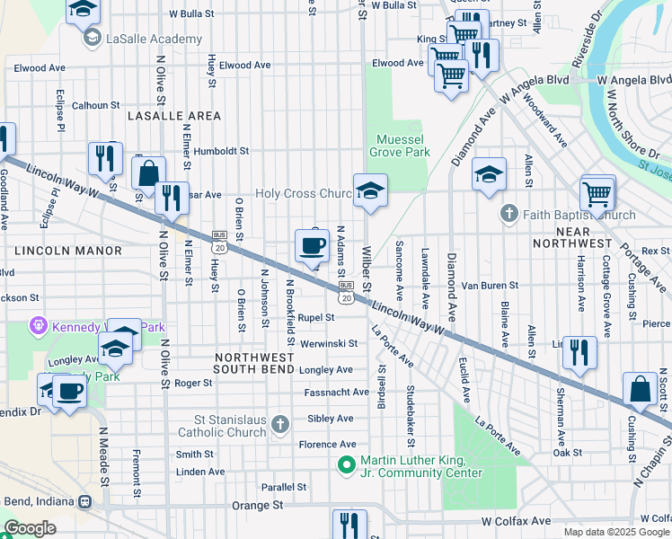 map of restaurants, bars, coffee shops, grocery stores, and more near 817 North Adams Street in South Bend