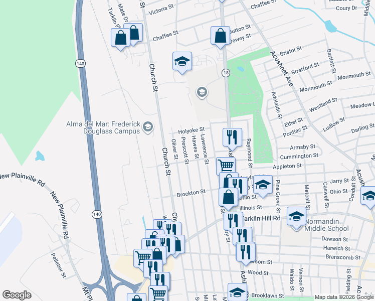 map of restaurants, bars, coffee shops, grocery stores, and more near 504 Prescott Street in New Bedford