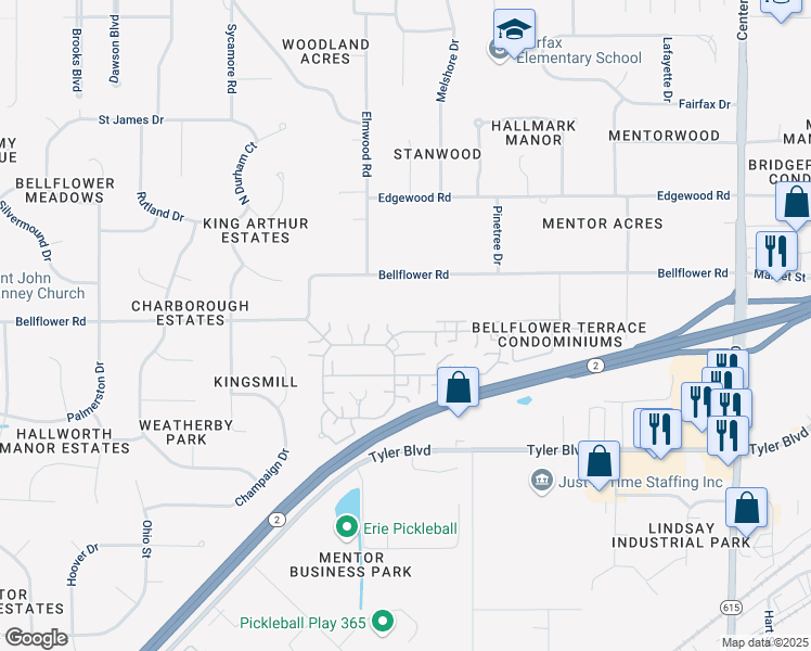 map of restaurants, bars, coffee shops, grocery stores, and more near 8037 Independence Drive in Mentor