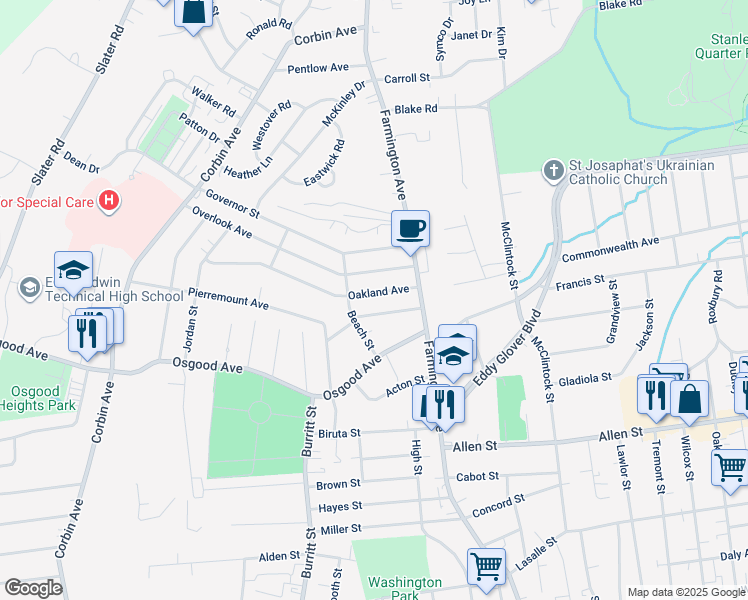 map of restaurants, bars, coffee shops, grocery stores, and more near 54 Oakland Avenue in New Britain