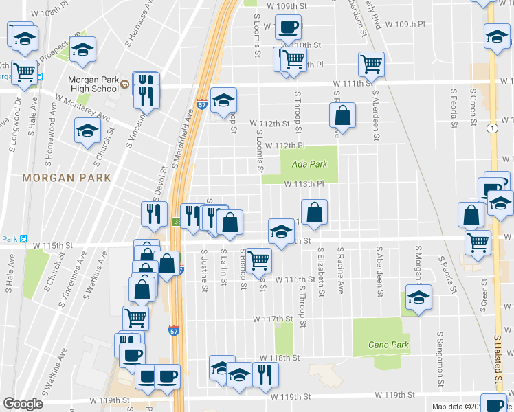 map of restaurants, bars, coffee shops, grocery stores, and more near 11402 South Loomis Street in Chicago