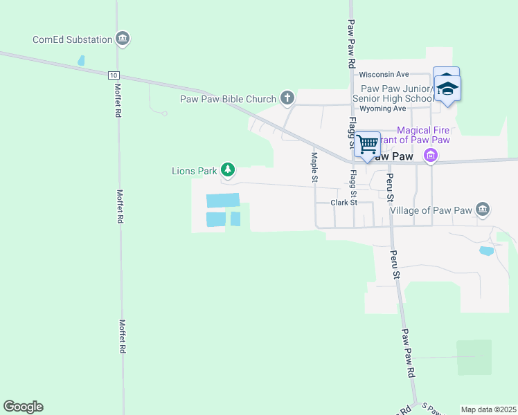 map of restaurants, bars, coffee shops, grocery stores, and more near 541 Lions Drive in Paw Paw