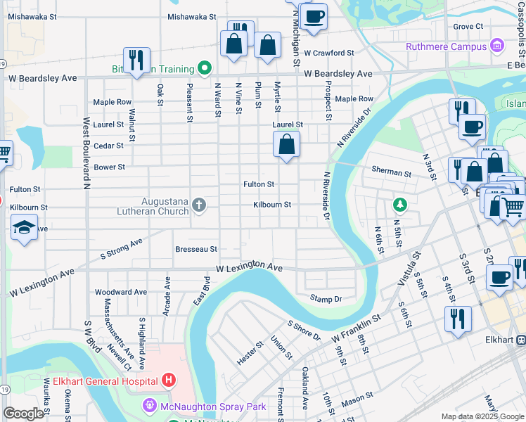map of restaurants, bars, coffee shops, grocery stores, and more near 120 Plum Street in Elkhart