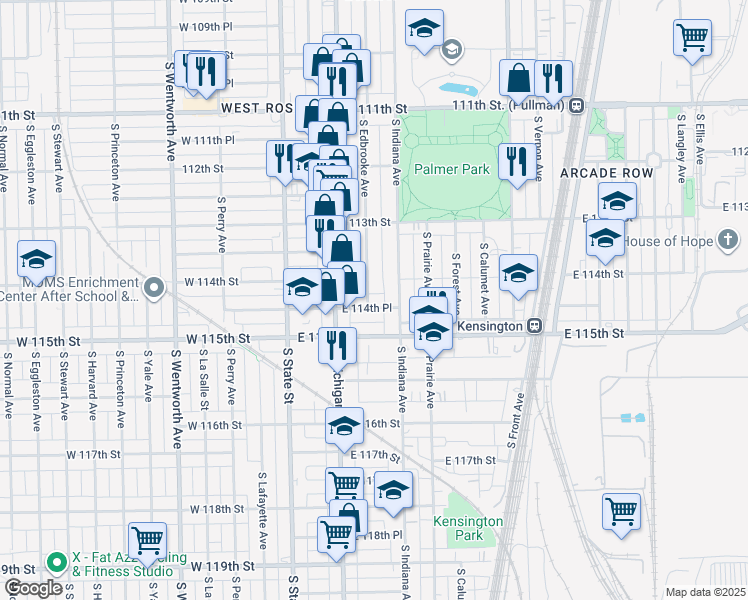 map of restaurants, bars, coffee shops, grocery stores, and more near 142 East 114th Place in Chicago