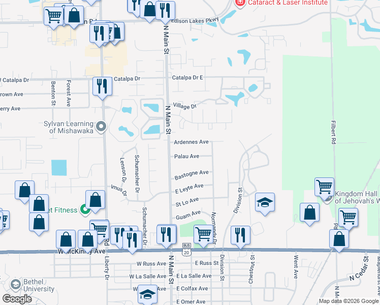 map of restaurants, bars, coffee shops, grocery stores, and more near 140 Palau Avenue in Mishawaka