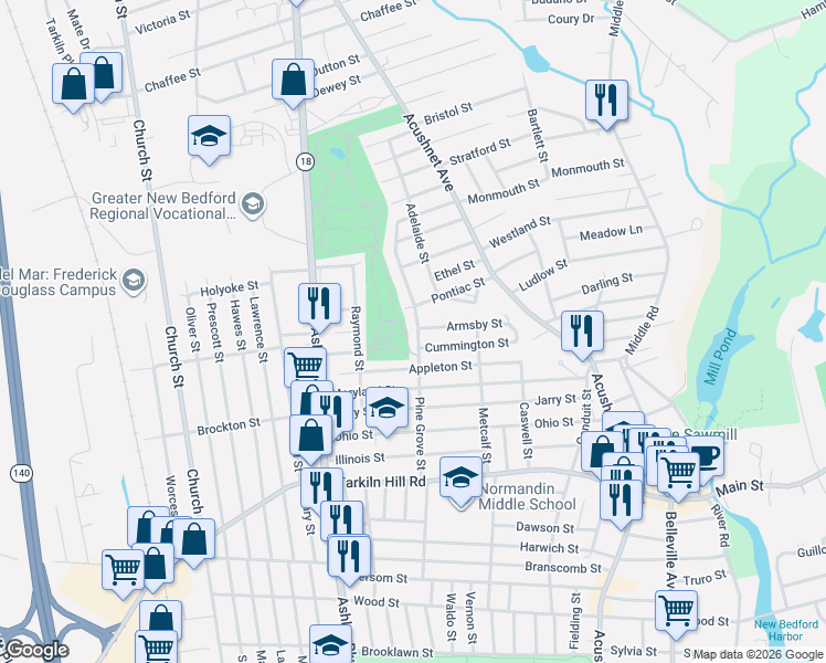 map of restaurants, bars, coffee shops, grocery stores, and more near 155 Pine Grove Street in New Bedford