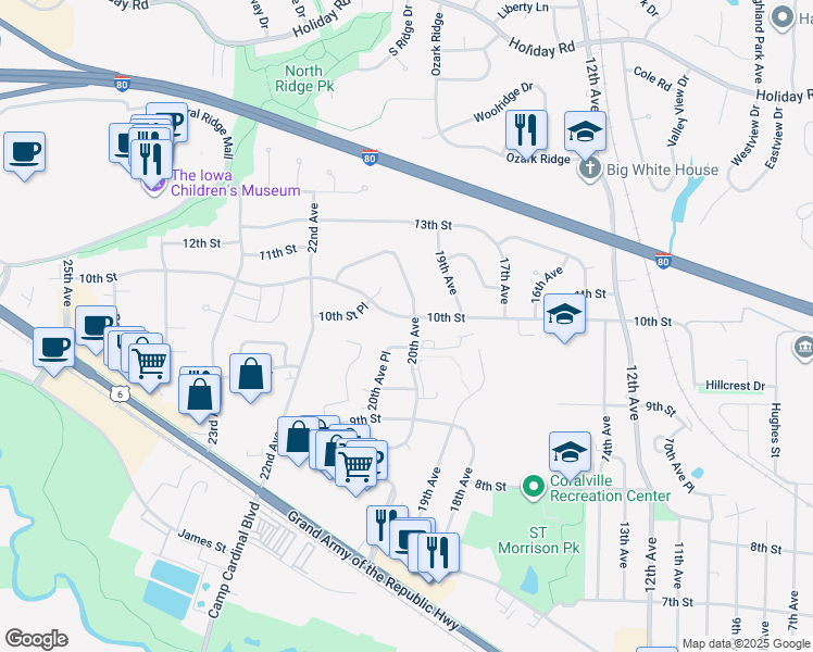 map of restaurants, bars, coffee shops, grocery stores, and more near 918 20th Avenue in Coralville