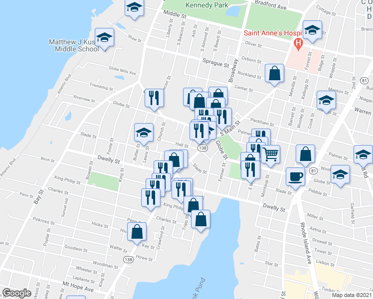 map of restaurants, bars, coffee shops, grocery stores, and more near 141 Hall Street in Fall River