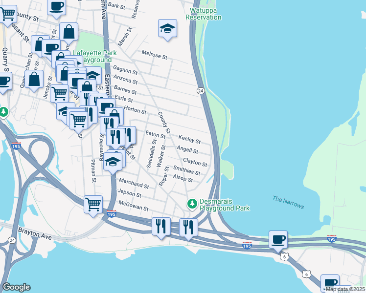 map of restaurants, bars, coffee shops, grocery stores, and more near 92 Angell Street in Fall River