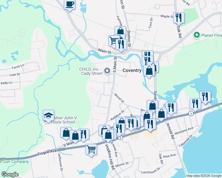map of restaurants, bars, coffee shops, grocery stores, and more near 10 Wood Street in Coventry
