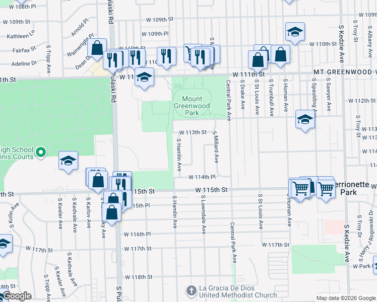 map of restaurants, bars, coffee shops, grocery stores, and more near 11340 South Ridgeway Avenue in Chicago