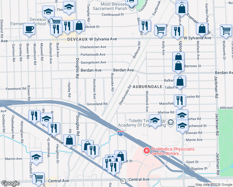 map of restaurants, bars, coffee shops, grocery stores, and more near 3644 Bellevue Road in Toledo