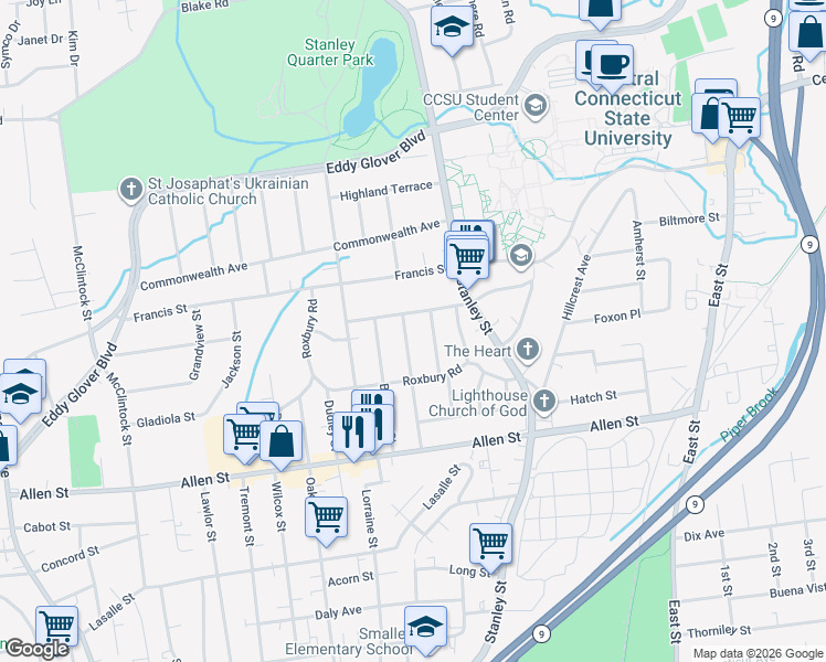 map of restaurants, bars, coffee shops, grocery stores, and more near 125 Stewart St in New Britain