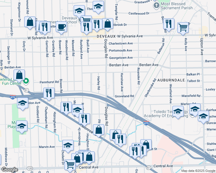map of restaurants, bars, coffee shops, grocery stores, and more near 3635 Douglas Road in Toledo