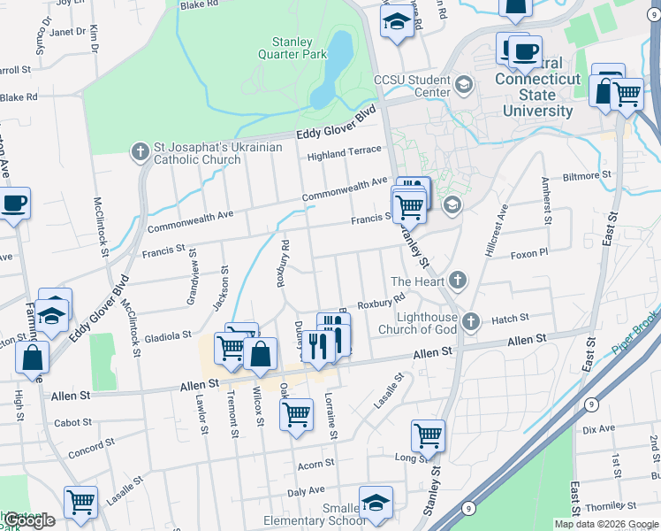 map of restaurants, bars, coffee shops, grocery stores, and more near 134 Brighton Street in New Britain