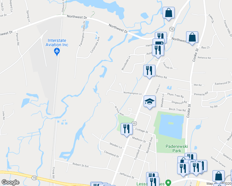map of restaurants, bars, coffee shops, grocery stores, and more near 100 Northampton Lane in Plainville