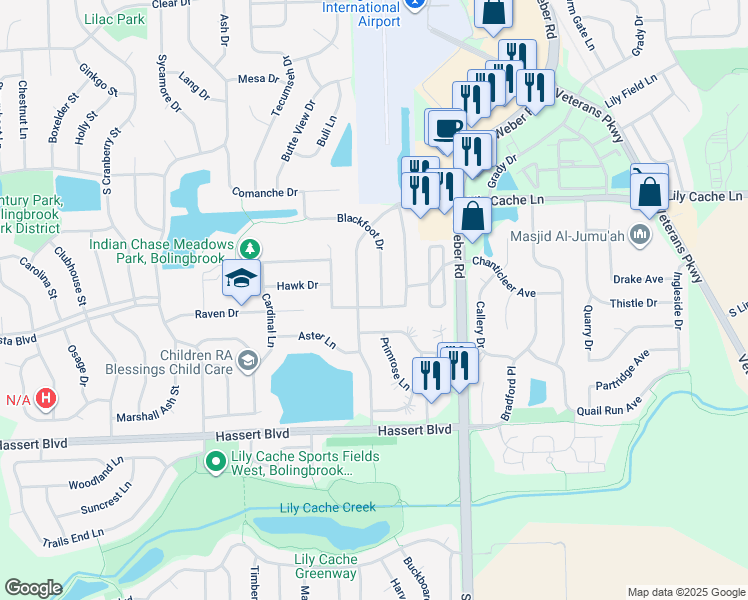 map of restaurants, bars, coffee shops, grocery stores, and more near 393 Blackfoot Drive in Bolingbrook