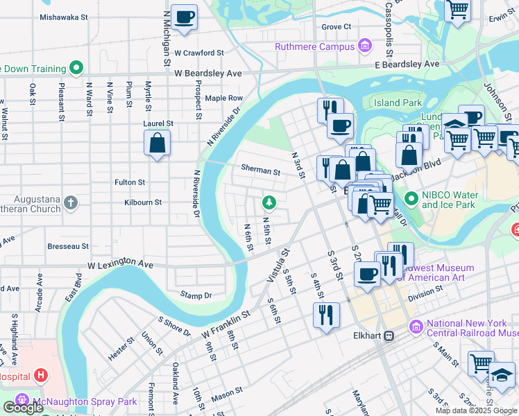 map of restaurants, bars, coffee shops, grocery stores, and more near 161 North 5th Street in Elkhart