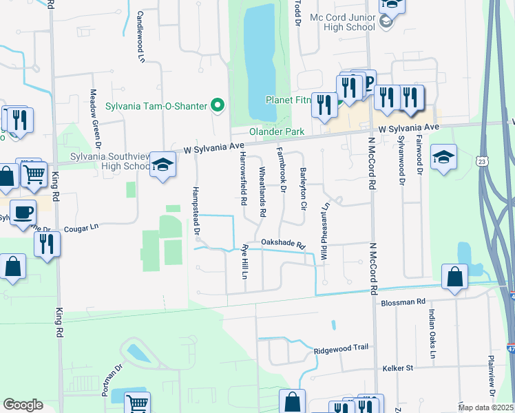map of restaurants, bars, coffee shops, grocery stores, and more near 3817 Wheatlands Road in Sylvania