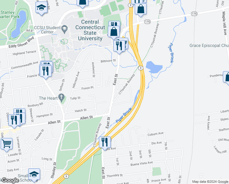 map of restaurants, bars, coffee shops, grocery stores, and more near 1251 East Street in New Britain
