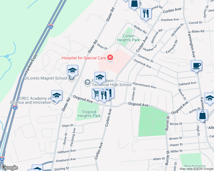 map of restaurants, bars, coffee shops, grocery stores, and more near 79 Neanda Street in New Britain