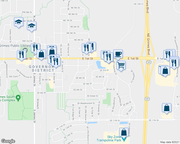 map of restaurants, bars, coffee shops, grocery stores, and more near 278 Southeast Cedarwood Drive in Grimes