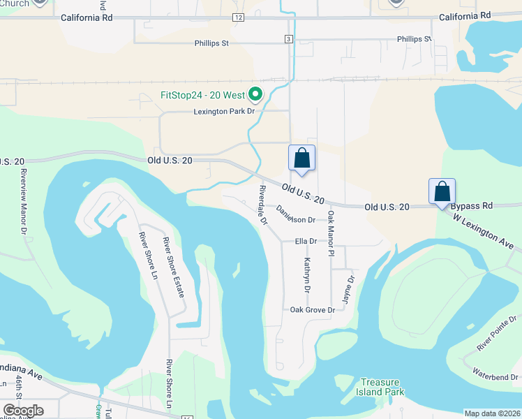 map of restaurants, bars, coffee shops, grocery stores, and more near 55677 Riverdale Drive in Elkhart