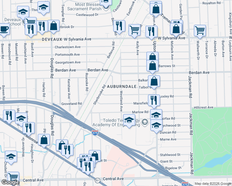 map of restaurants, bars, coffee shops, grocery stores, and more near 2118 Loxley Road in Toledo