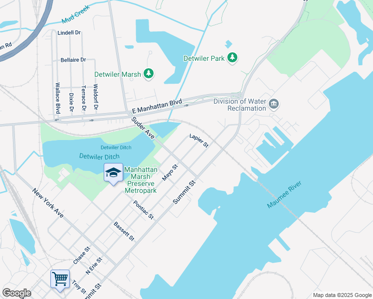 map of restaurants, bars, coffee shops, grocery stores, and more near 3523 Mayo Street in Toledo