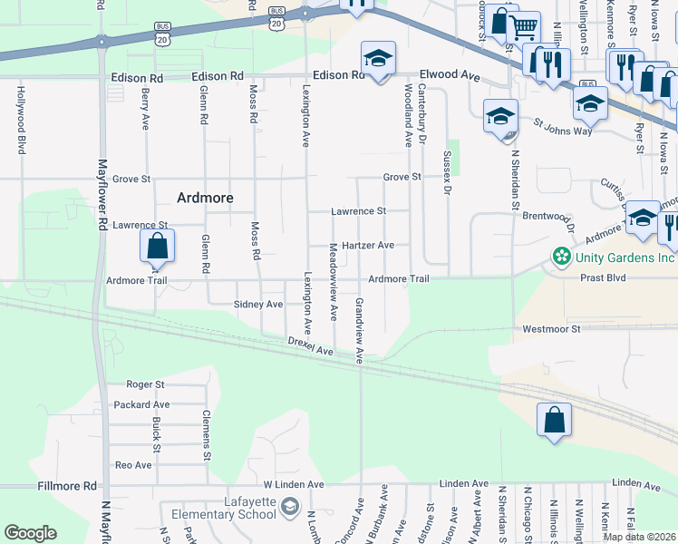 map of restaurants, bars, coffee shops, grocery stores, and more near 22925 Ardmore Trail in South Bend