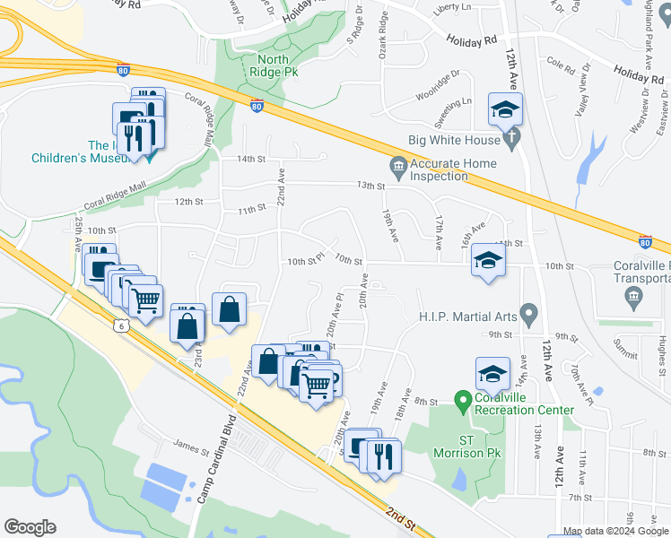 map of restaurants, bars, coffee shops, grocery stores, and more near 2010 10th Street in Coralville