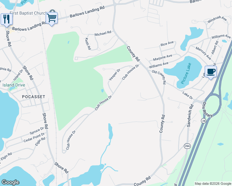 map of restaurants, bars, coffee shops, grocery stores, and more near 21 Club House Drive in Bourne