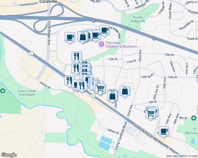 map of restaurants, bars, coffee shops, grocery stores, and more near 920B Boston Way in Coralville